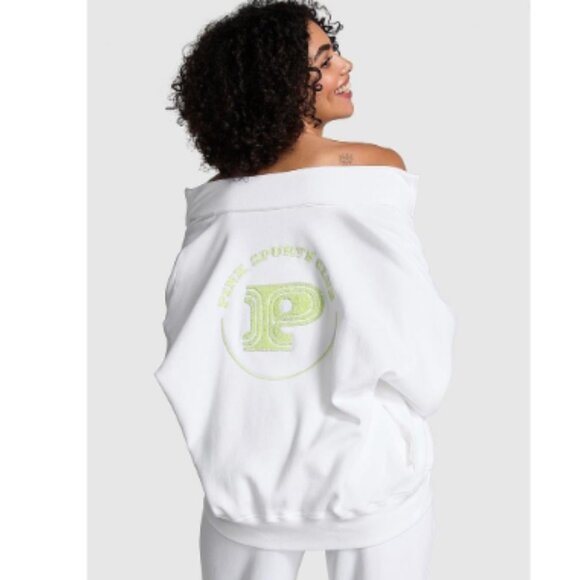 Victoria's Secret Full Zip Slouchy White Lime Logo Sweatshirt Jacket Small NWT - Picture 1 of 11
